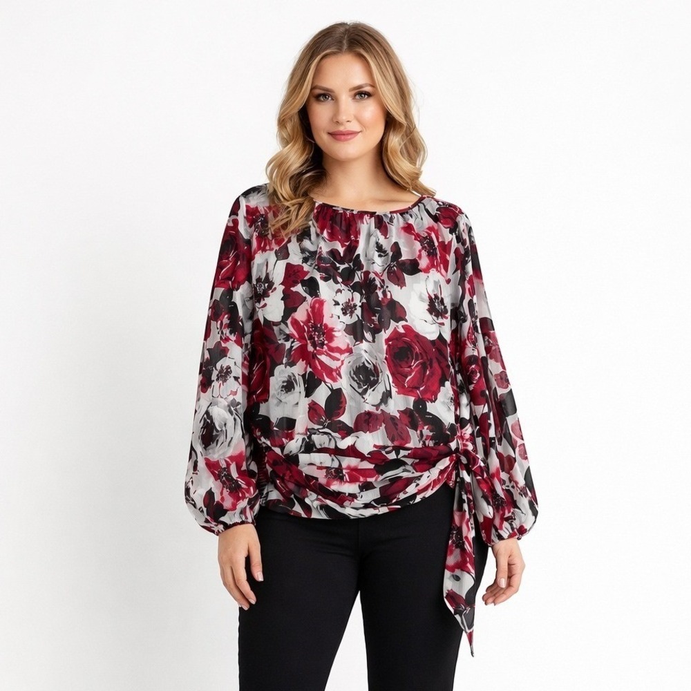 WHBM Dark‎ Romantic Floral Blouse Womens 12 Smocked Tie Waist Office Peplum Chic